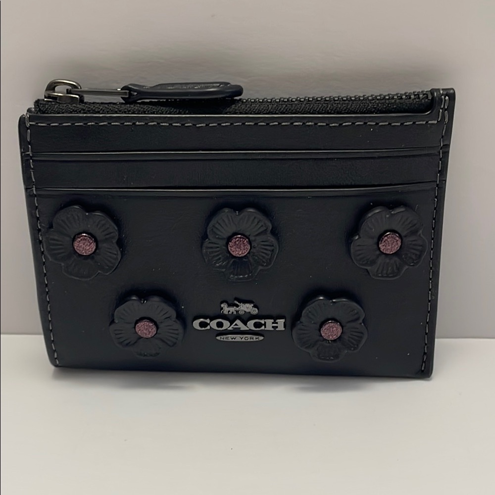 NWT Coach Mini Skinny Id Case With Floral Applique Gunmetal Black